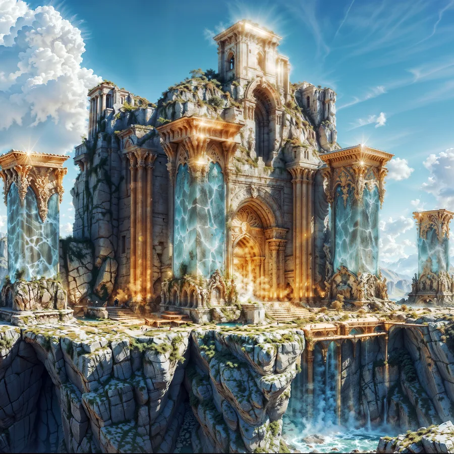 Visionary digital artwork with glowing crystal shapes and stormy colour.