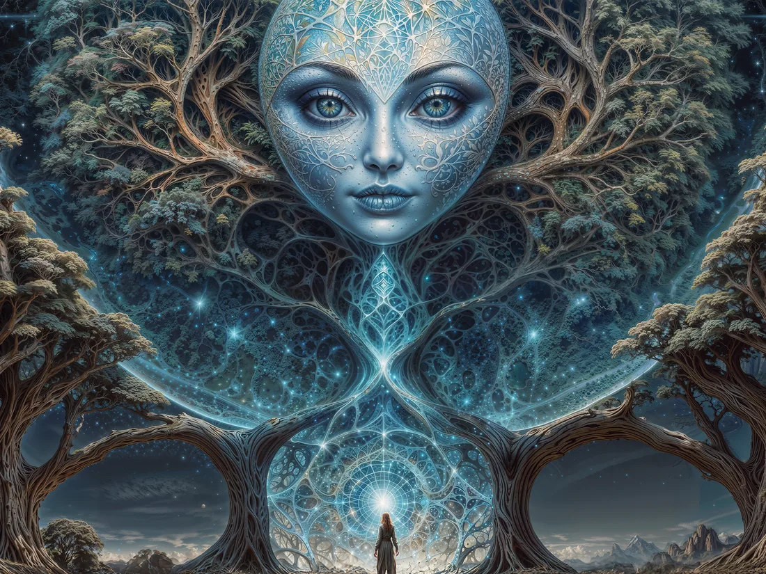 Visionary tapestry artwork with a face-like centre and colourful symmetrical forms.