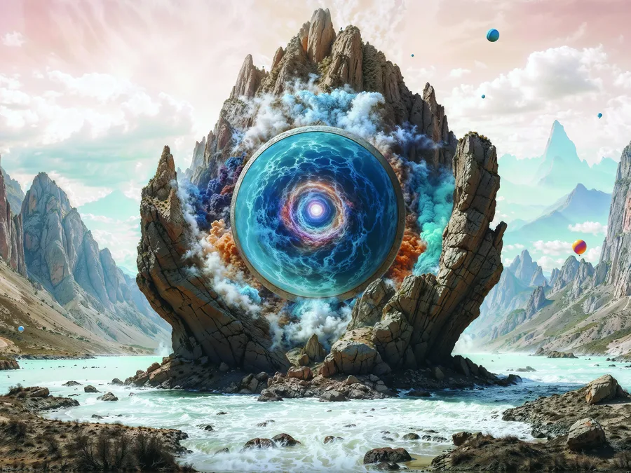 Visionary digital artwork with a glowing eye-like centre.